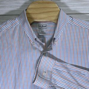 LL Bean Shirt Men's Orange Blue Check Button Down‎ Long Sleeve Sz XL (17)